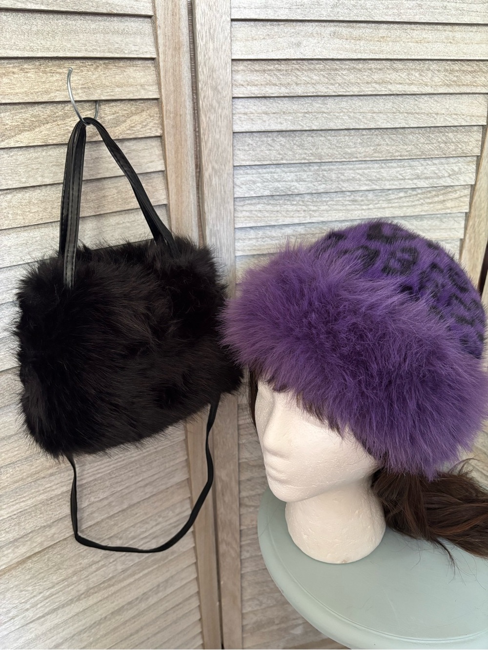 NWOT Y2K FauxFur Winter Bundle Purple/Black Leopard Zhivago Russian Bag &Hat Set